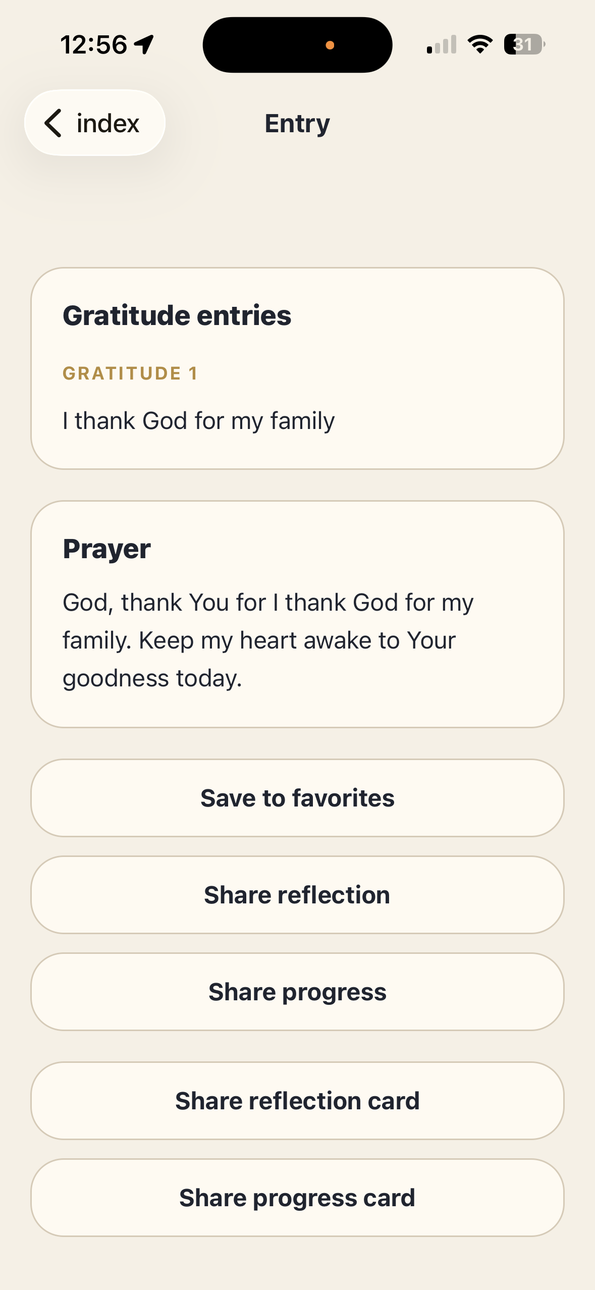 Completed gratitude entry in Gratune
